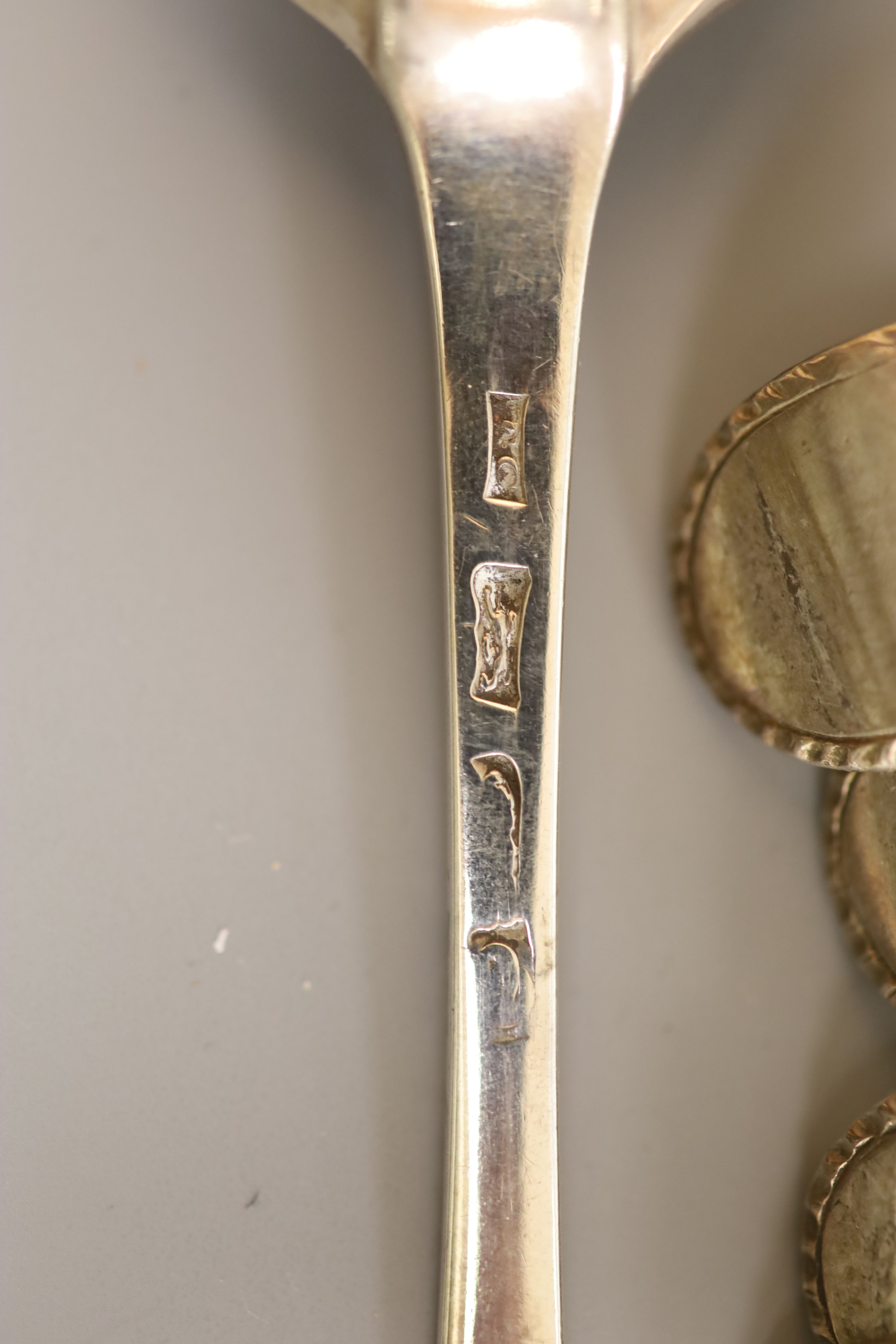 A set of six George III silver feather edge Old English pattern tablespoons, Thomas Chawner, London, 1773,22.4cm